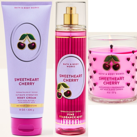 Bath & Body Works Sweetheart Cherry 3pc Body Care & Candle Set NEW